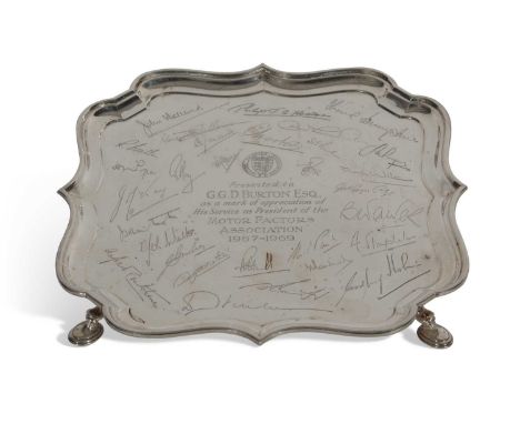Elizabeth II waiter of shaped square form with 'Chippendale' edge supported on four pad feet engraved to the centre with facs