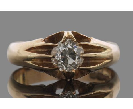 Victorian single stone diamond ring, the round old brilliant cut diamond, 0.85ct approx, prong set and raised between carved 