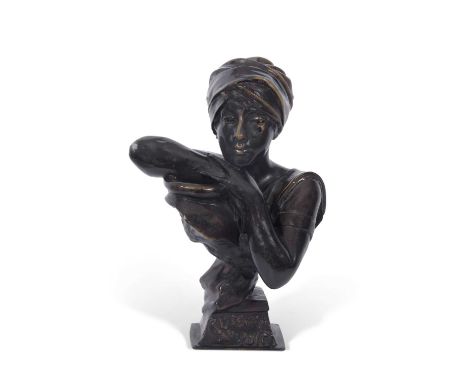 After Emmanuel Villanis Rebecca au Puits, a bronze bust of a young lady leaning upon an amphora rim, set on a square plinth b