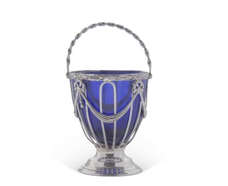 Edwardian sugar basket in neo-classical style, the wire work body overlaid with swags and ribbon ties, twist swing handle, pl