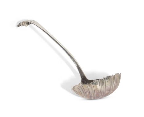 Early George III base mark Onslow pattern soup ladle with shell bowl, 35cm long, London 1763 maker probably W.W, 209g