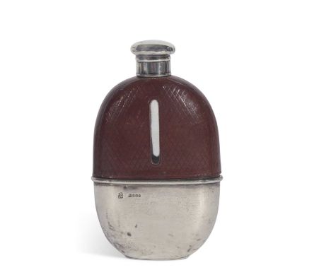 Victorian glass and leather overlaid spirit flask, oval shaped having screw on silver lid and detachable beaker base, 14cm x 