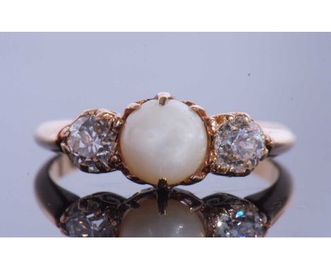 Pearl and diamond three stone ring, the centre pearl between two old brilliant cut diamonds, 0.50ct total approx, size L