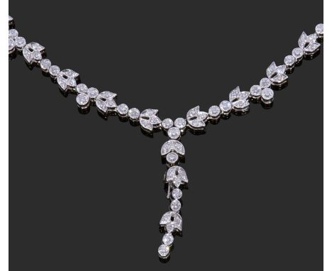 Diamond cluster necklace, vintage inspired, set throughout with graduated round brilliant cut diamonds with a detachable drop