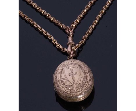 Vintage 9ct gold guard chain, oval links to a clip supporting a vintage oval gilt metal locket (the chain 38gms)