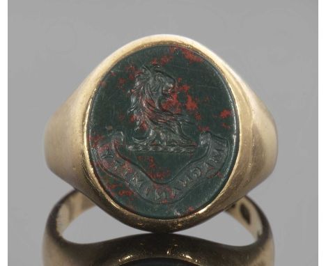 Victorian 18ct gold bloodstone intaglio seal signet ring, hallmarked London 1884, engraved with 'From (his mother)', dated 3 