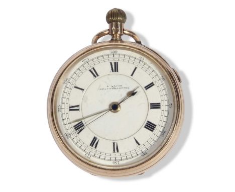 9ct gold open face pocket watch by S Lacon of Wolverhampton, 52mm case size, manually crown wound movement with start/stop bu