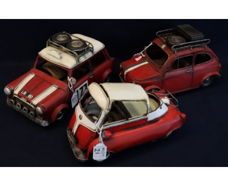 Three modern large scale tin car models, to include; Mini Cooper S rally car, Fiat 500 and Heinkel bubble car. (3)(B.P. 24% i