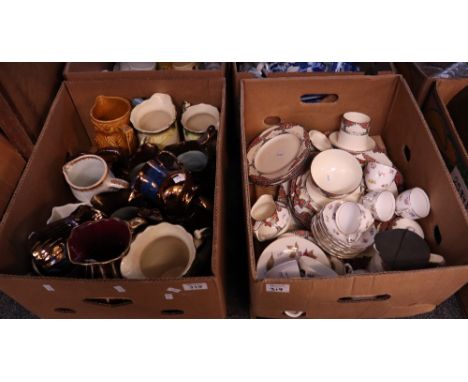 Two boxes of assorted china to include; copper lustre and other dresser jugs, Crown Ducal woodland design teaware, Royal Worc