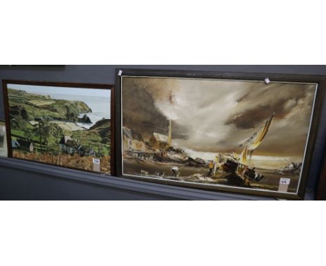 S Edwards (20th Century Welsh), 'Three Cliffs bay Gower', signed, oils on board, 41 x 60cm approx. Together with a Hawkes, Co