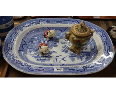 A pair of Royal Doulton seated British bulldogs, together with a Royal Worcester two handled pot pourri vase (AF) and a 19th 