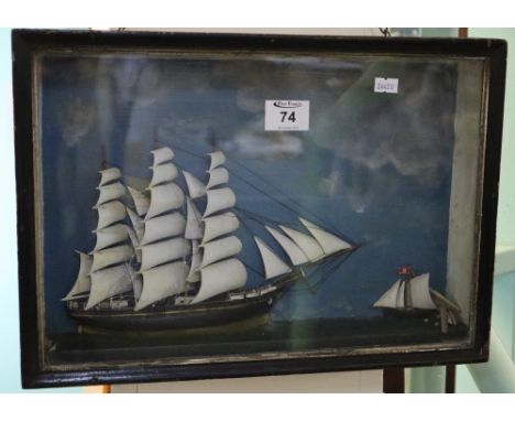 Cased naive hard half block model of a three masted sailing vessel and another. 29 x 42 cm approx. (B.P. 24% incl. VAT)