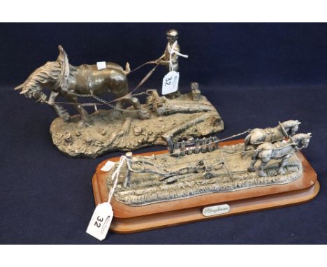 Pewter model of a horse drawn ploughing team on wooden base. Together with a plated model of a logging horse with handler. (2
