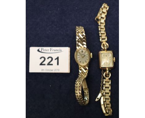 Tissot ladies 9ct gold bracelet watch with oval face having baton numerals, together with another gold rectangular faced ladi
