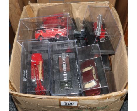 Box of model diecast vehicles in perspex case to include; fire engines, tractors, cars etc. (B.P. 24% incl. VAT)