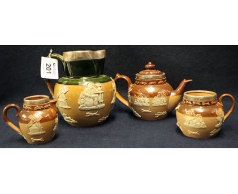 Royal Doulton stoneware baluster shaped toper's jug with silver rim, together with a similar three piece stoneware Royal Doul