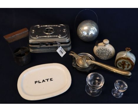 A mixed group of kitchenalia and other items to include; a plated metal warming box, a small stoneware hot water bottle, a sm