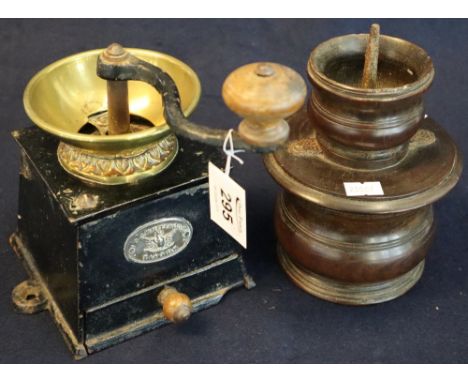Cast metal and brass coffee grinder by J & J Whitehouse of Tipton, together with another turned wooden treen coffee grinder o