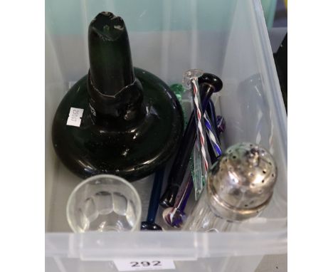 Box of assorted glassware items including; sugar caster, wine glass, various frigger type pestles and a large, heavy glass pe