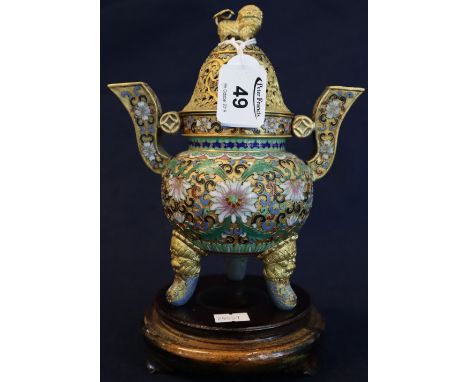 Chinese champleve enamel two handled koro and cover, the pierced cover surmounted by dog of fo, overall decorated with scroll