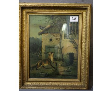 Framed 19th Century oleograph depicting fox in a farmyard with chickens in their coop and watching magpie, 34 x 26cm approx, 