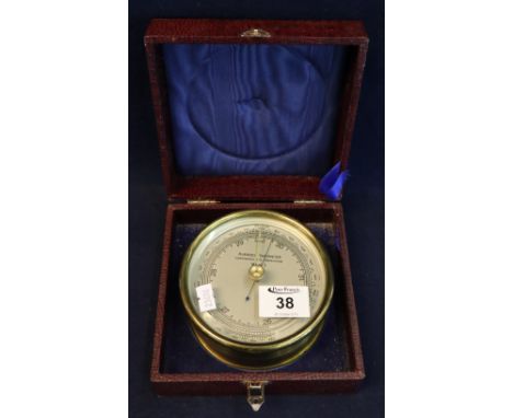 Brass English made 'Aneroid barometer compensated for temperature Mark I', silvered dial in simulated crocodile skin box. (B.