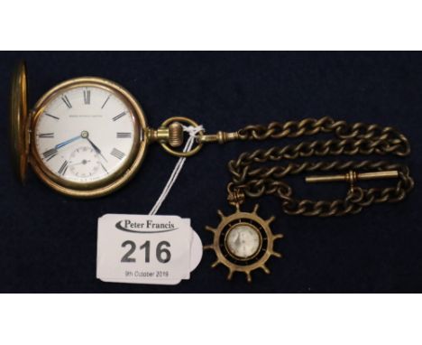 Yellow metal engine turned keyless hunter pocket watch, the Roman enamel face having seconds dial and marked 'Baden Powell wa