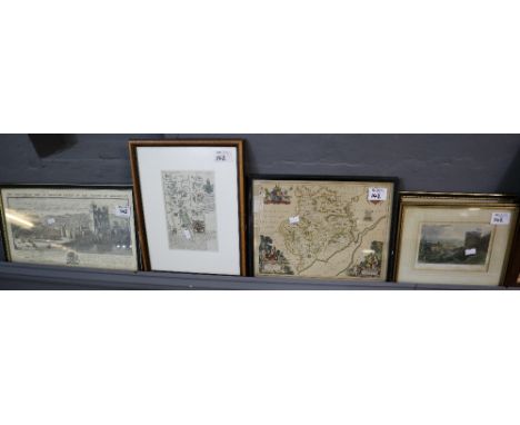 Group of assorted maps and furnishing pictures to include restrike Bucks print of Chepstow Castle, original road map, after O