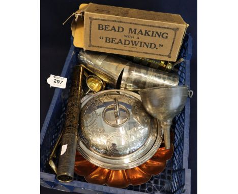 Tray of assorted metalware including Middle Eastern coffee grinder, Bryant & May japanned oriental style cylinder for wax tap