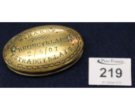 Welsh brass miner's tobacco or snuff box named to W. Harry, Broncynlais, Ystradgynlais dated 02.05.07. (B.P. 24% incl. VAT)