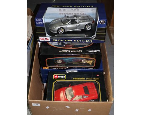 Box of Maisto and Burago 1:18 scale and other sized diecast model vehicles in original boxes. (B.P. 24% incl. VAT)