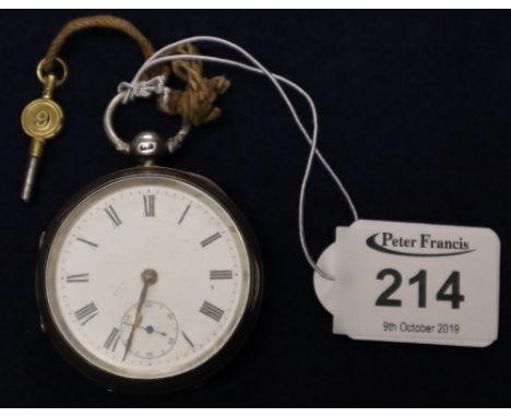 Silver engine turned key wind lever open faced pocket watch with key. (B.P. 24% incl. VAT)
