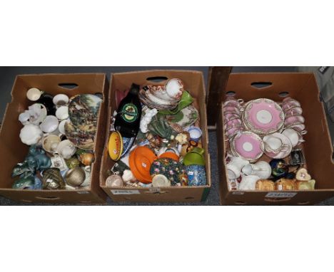 Three boxes of assorted china to include; pink and floral ground Delphine teaware, collectors plates, Poole pottery seals etc