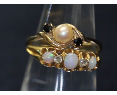 9ct gold pearl and sapphire ring and an opal and diamond yellow metal ring. 3.8g total approx. (2)(B.P. 24% incl. VAT)