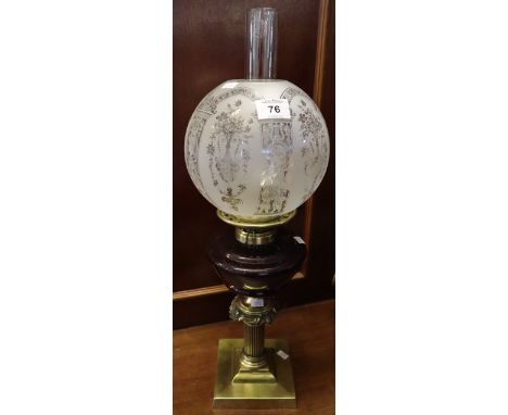 Early 20th Century brass double burner oil lamp with ceramic reservoir and brass column base, etched glass shade and clear ch