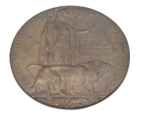 First World War Death Memorial plaque named to Pte 45098 Ciphas Plews Shingles, 37th labour Battalion Royal Fusiliers. Killed