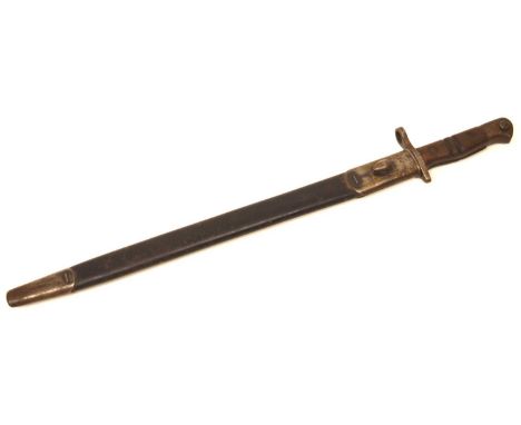 A British Pattern 1913 sword bayonet with steel-mounted leather scabbard, blade stamped '1913' and date stamped for March 191