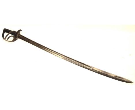 1853 pattern cavalry sword with signle fuller each side to blade, and chequered leather grips riveted to tang on handle (Worn