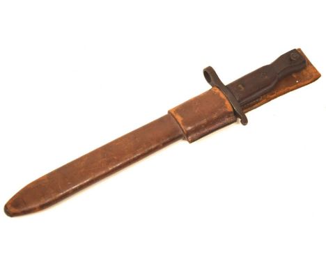 Canadian M1910 Pattern MKII Ross Bayonet, "Ross Rifle Co Quebec Patented 1907". Code date "7/16" with leather 1916 dated scab