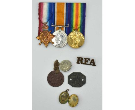 First World War British Medal Trio comprising of 1914-15 Star, 1914-18 War Medal and 1914-19 Victory Medal together with dog 