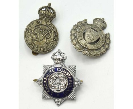 Two GRVI Police Cap Badges to include City of London Police, Lancashire Constabulary and further Leeds City Police button hol