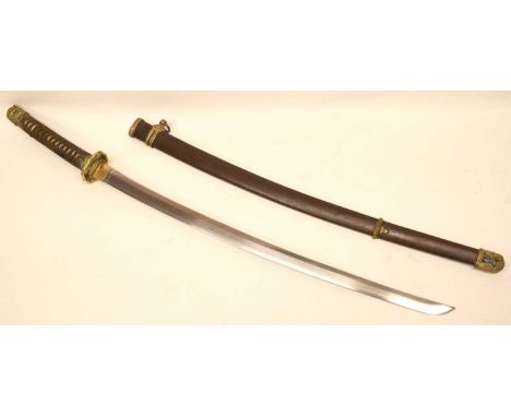 Second World War Japanese Shin Gunto Katana -With brass tsuba cast with prunus blossom, brown braid bound tsuka with bronze t