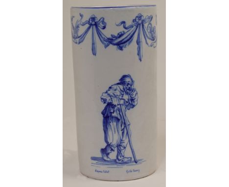 Emile Gallé, French, 1846-1904: a faience cylindrical vase, decorated in blue and white with a bearded man in rags with a wal
