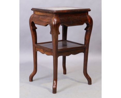 A Chinese rosewood jardinière stand, early 20th century, the square top inset with marble, raised on tapering supports to spl