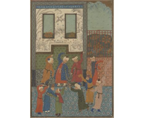 A Turkman-style miniature painting of dervishes in a shrine, Iran, 19th century, gouache on paper heightened with gold, the l