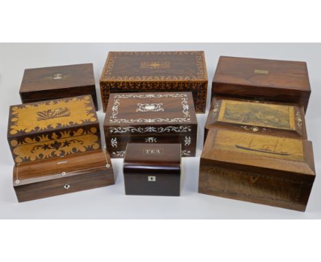 A collection of decorative boxes, 19th century and later, to include a mahogany and satinwood inlay box with mother of pearl 