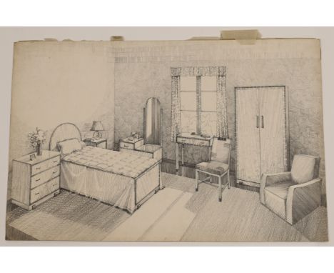 A collection of six furniture design sketches for Maple &amp; Co., c.1920's, to include four pencil and watercolour sketches 