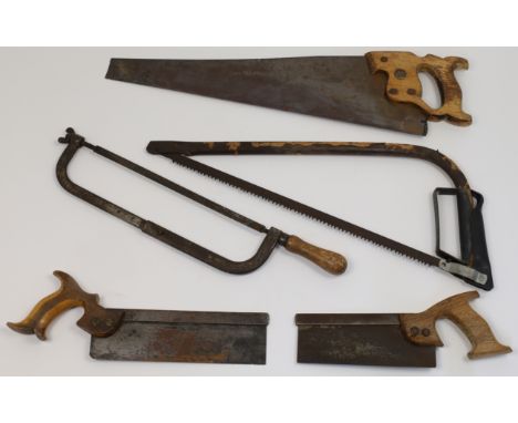 A collection of modern wood-working tools, to include saws, set-squares, tool sharpeners, screwdrivers, a hand drill, and var
