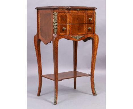 A French kingwood bedside chest, 20th century, gilt metal mounted, with brushing slide above two drawers, raised on cabriole 