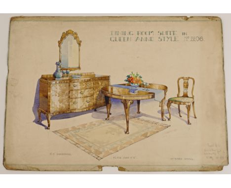 A collection of six furniture design sketches by Maple &amp; Co., c.1920's, comprising four in watercolour and pencil, includ